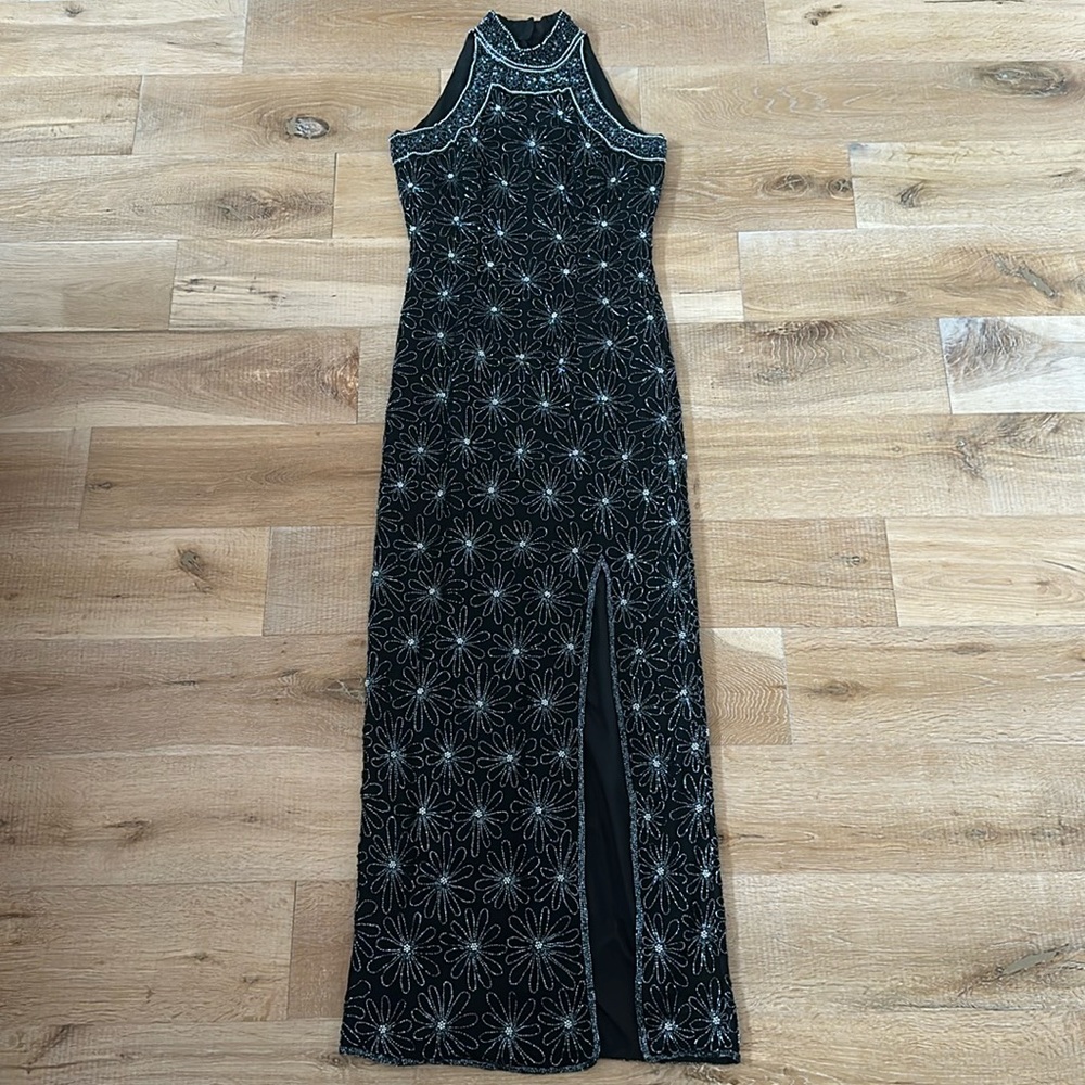 Vintage Papell Boutique Black Silk Heavy Beaded Flower Formal Prom Dress Gown 4